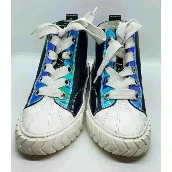 Black Leather Hi Top Sneakers Iridescent Eyelet & Heel D:fuse Scandinavia RARE - Picture 8 of 16